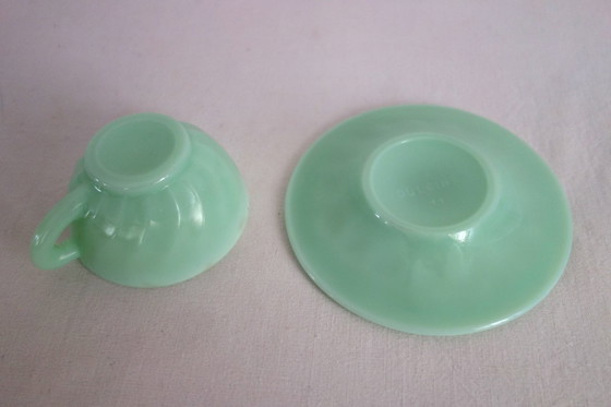 Image 1 of 10 almond green opaline cups and saucers from the 50s