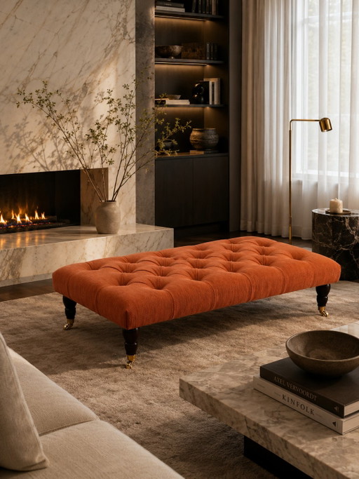 Handmade Orange Quilted Ottoman (DEM Culemborg) With Wheeled Legs – hockers en poefs, Textile