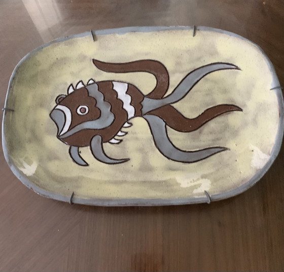 Large stoneware wall plate – champlevé fish decor – 50s-60s (Vallauris / Derval / Agard style) erased (photo 4 of 15)