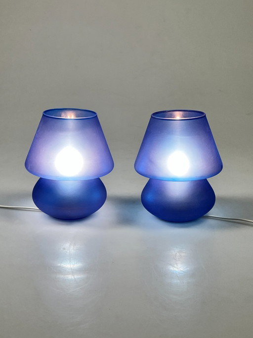 Juego vintage de lámparas de cristal azul con forma de seta, Habitat, años 80