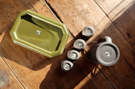 Image 1 of Vintage 1970s Vietnamese Ceramic Tea Set with Lacquered Tray, Hanoi – Minimalist - 2C30