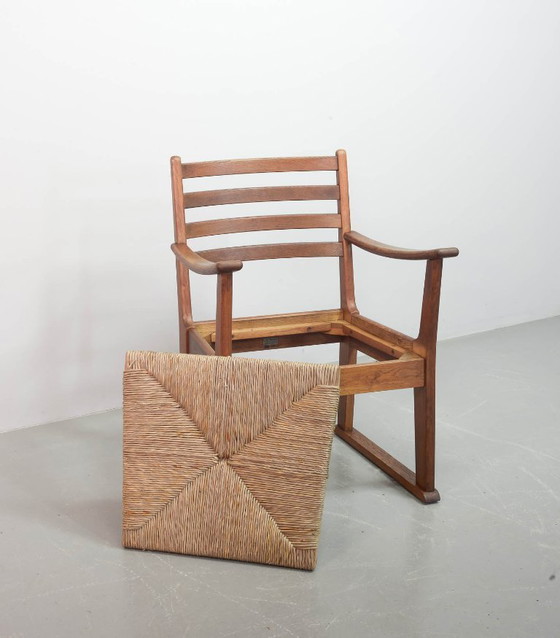 Image 1 of Very Rare Single Bas van Pelt Brutalist Oak Armchair with Woven Rush Seat for My Home. The Netherlands, 1940s.