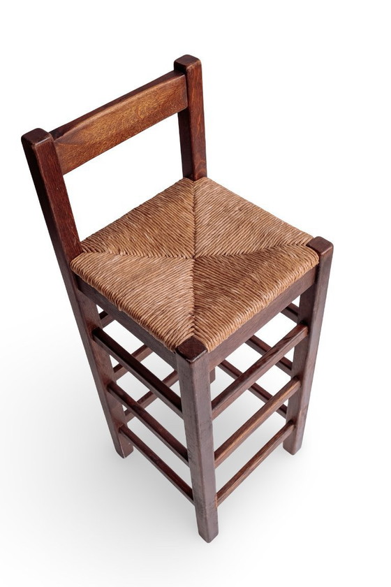 Image 1 of 2x tabourets de bar vintage en bois avec assise en jonc