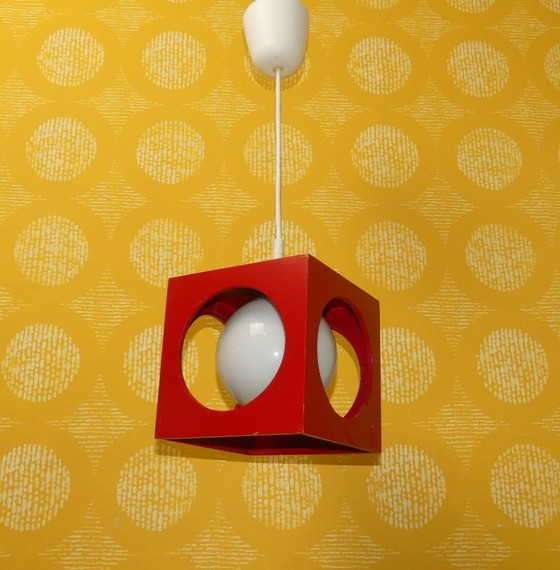 Image 1 of 70s hanglamp kubus blauw hout opaal glazen bol "Richard Essig" vintage retro