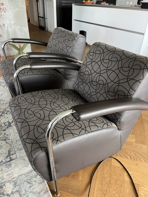 Sillones Leolux, Conjunto de 2 sillas de diseño en tela, piel y Cromo