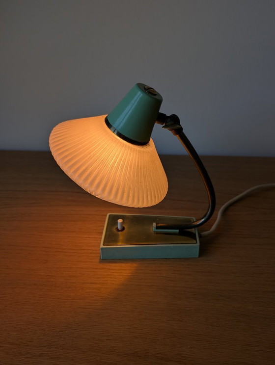Image 1 of Rare German Mid-Century Table Lamp | Mint Green and Brass | Original Ribbed Glass Shade | 1950s–1960s