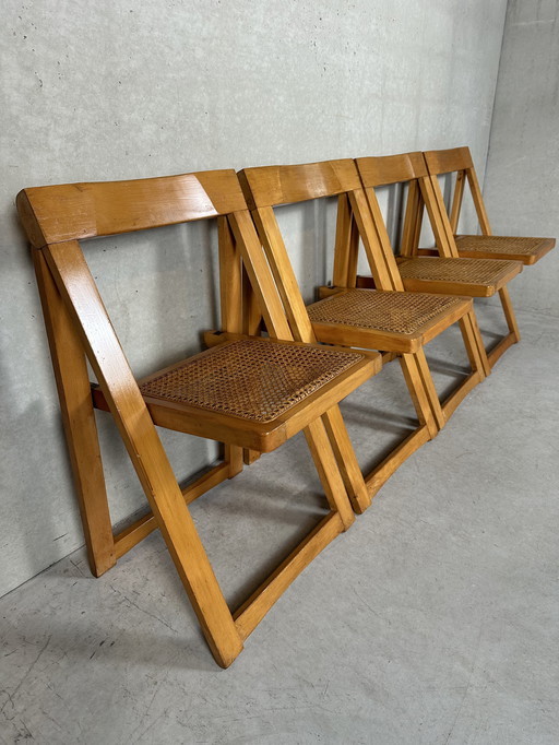 4X Vintage Maple + Rattan Folding Chairs