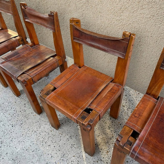 Set di 4 sedie di Pierre Chapo, 1960, Sedie da pranzo, Pelle, Marrone (foto 7 di 12)