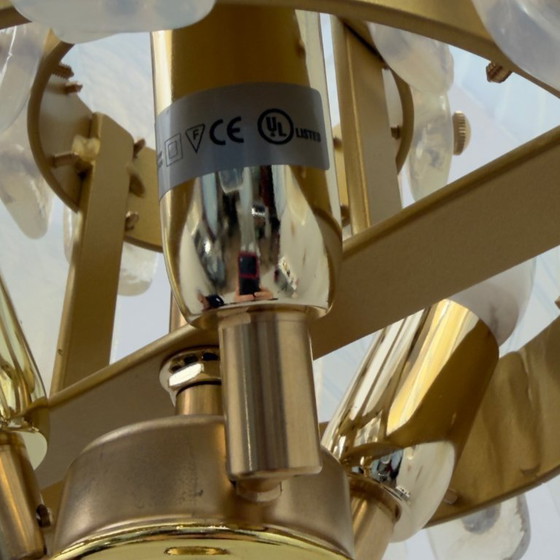 Image 1 of Lámpara de araña iridiscente de cristal de Murano y latón con hojas de palmera