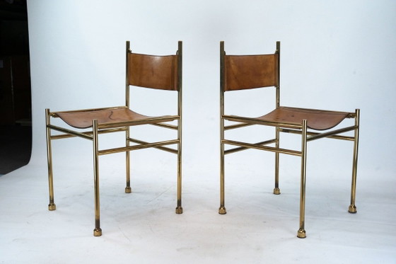 Image 1 of Set van 4 messing en lederen stoelen van Luciano Frigerio, Italië, jaren 70.