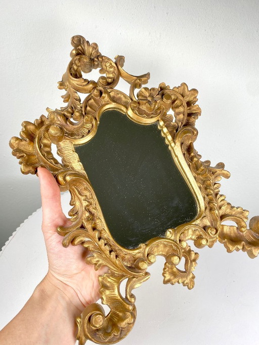 Italian Vintage Baroque Style Gilded Mirror by Roberta Wood – Small Ornate Table / Wall Mirror - Hollywood Regency Golden Mirror