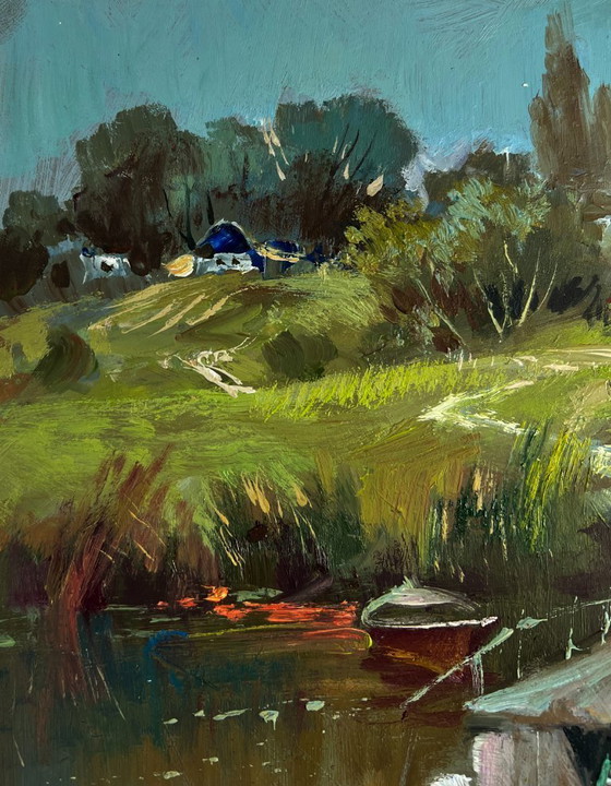 Image 1 of Original Oil Painting Summer River Landscape Bridge to the village