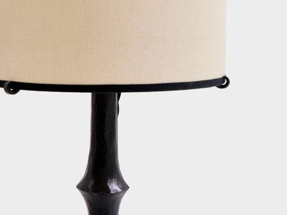 Francis Dewaele & Les Artisans de Marolles smeedijzeren lamp 1955, Tafellampen, Metaal, Textiel, Zwart (foto 8 van 10)