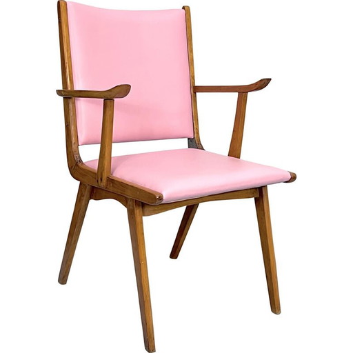 Vintage Italian wood accent chair in pink leatherette, Italy 1950s