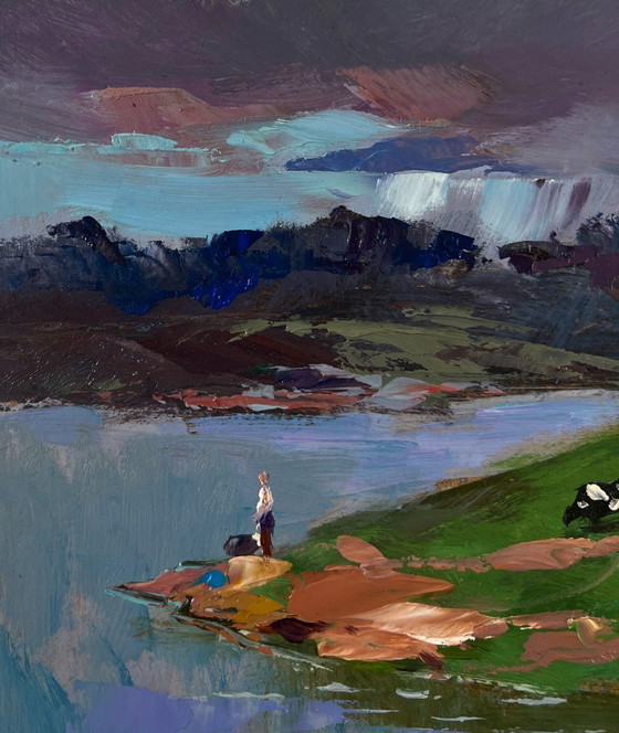 Image 1 of Original Oil Painting Rural Summer Landscape Village Nestled On A Quiet Shore