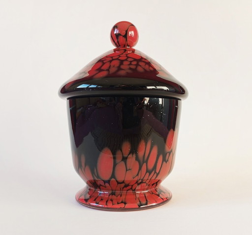 Rare bol à couvercle en verre Art-Déco noir/rouge "Tango" Kralik 1930S