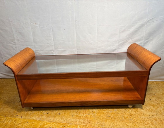 Image 1 of Mid Century Retro Teak & Glass Top Tulip Coffee Table by G-Plan (Circa 1960)  A stunning mid century modern teak and glass top c