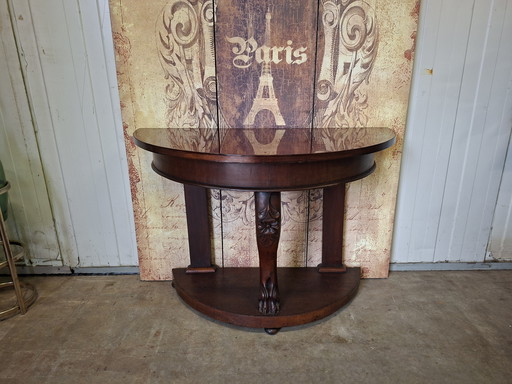 Antiker halbmondförmiger Beistelltisch aus Mahagoni, Wandkonsole, Maße 90 x 50 cm und 71 cm hoch.