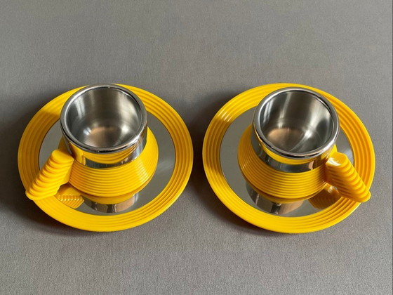Image 1 of Service à café expresso Carlo Giannini des années 1970, modèle "Star Trek Enterprise". Acier inoxydable et polyamide jaune. Rare