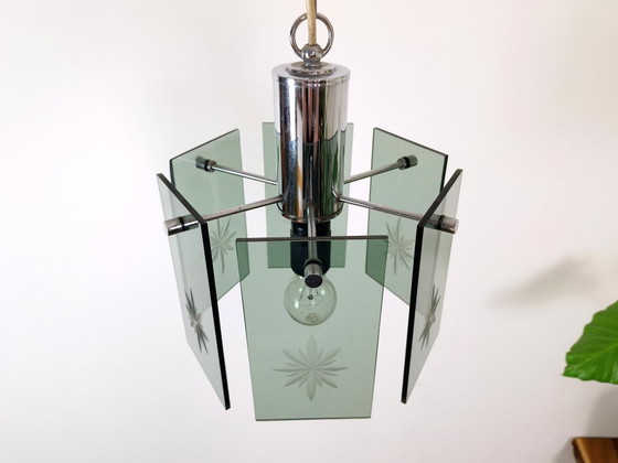 Image 1 of Mid-Century Modern Pendant Lamp, Made in Yugoslavia, EMI Poljčane, 1970s Modern Light, Green Smoked Glass, Space Age, Atomic Age
