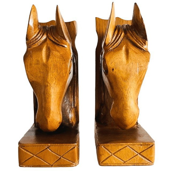 Image 1 of Vintage mid-century bookends hand-carved wooden horses teak 1960s