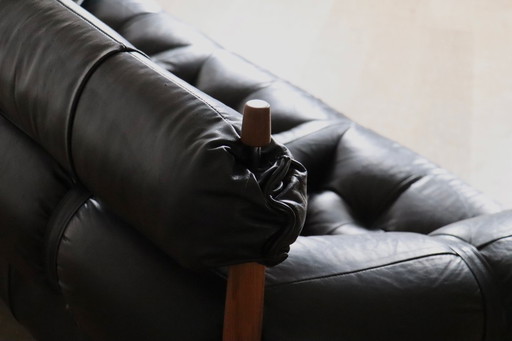 Percival Lafer MP-81 three seater sofa in black leather, Brazil 1970s