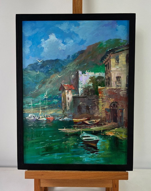 Original Oil Painting Summer City Landscape Coast with quiet houses