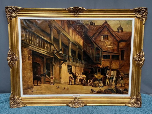 J. Verulpens "De herberg". Schilderij op groot formaat. – schilderijen tekeningen, Canvas (photo 2 of 9)