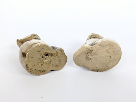 Image 1 of Vintage Solid Brass Cat Figurines Pair MCM Collar Detail Shelf Curio Decor