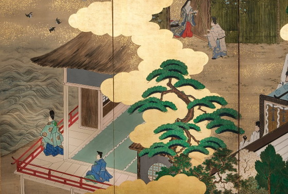Image 1 of Antico paravento giapponese a sei pannelli con raffigurazione della storia di Genji.