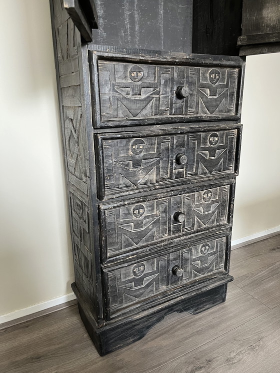 Image 1 of Vintage hand-carved black wooden chest 