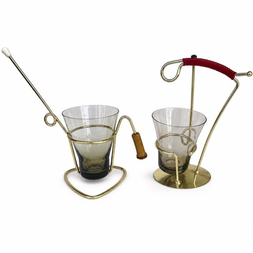 Vintage Pretzel Stick Holder Set Smoked Glass Gold Metal Mid Century Cocktail Snack Server Atomic Barware 1960s
