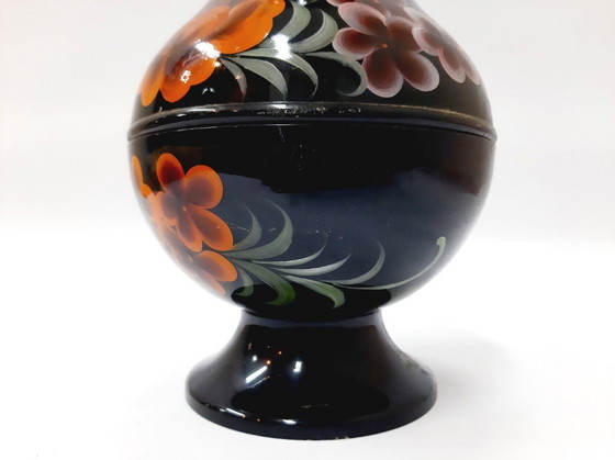 Image 1 of Vintage Black Enamel Vase, Floral Pattern 23 cm