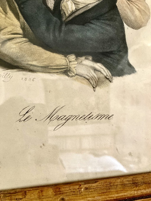 Acquaforte con aggiunta di colore, "Magnetismo", da un'opera di Boilly, XIX secolo.