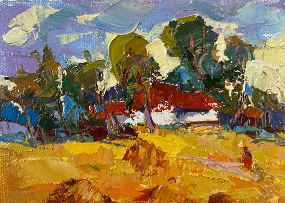 Image 1 of Original Oil Painting Summer Field Landscape Edge of the village