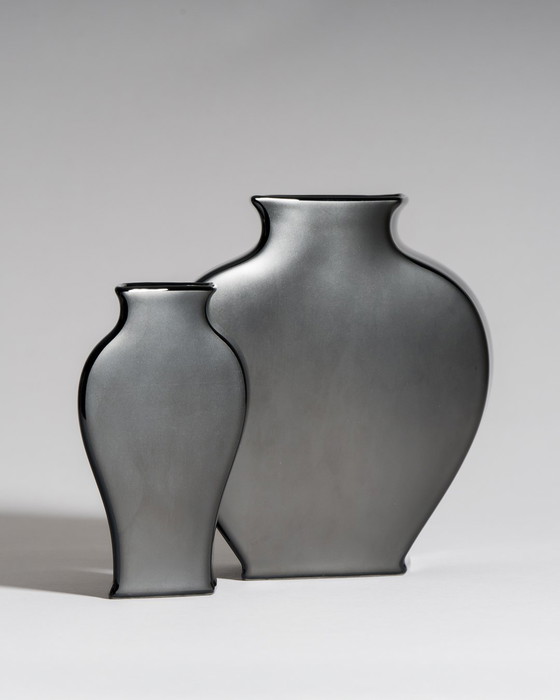 Image 1 of Tadao Amano for Rosenthal Studio-Line “Sakura” Vase Pair in Porcelaine Noire — Matte & Glossy Black, 1980s Germany / Japan