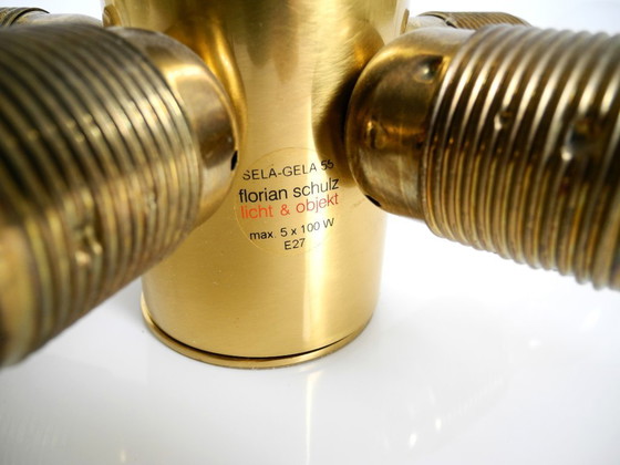 Image 1 of Große Florian Schulz Gela 55 Deckenleuchte aus den 80er Jahren, Messing, Opalglas, rund, mit fünf E27-Fassungen