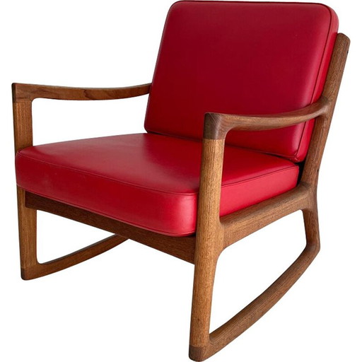 Fauteuil à bascule vintage en teck et cuir par Ole Wanscher pour France and Son, 1951