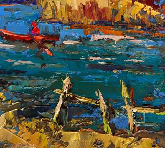 Image 1 of Original Oil Painting Autumn River Landscape Autumn river waters