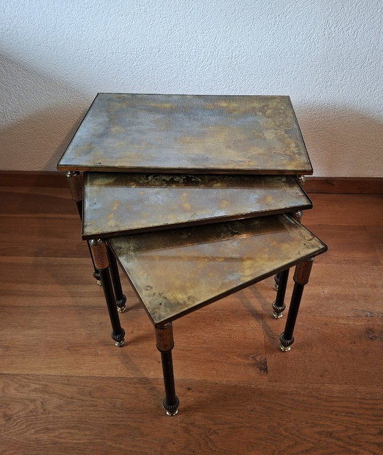 Image 1 of Vintage Maison Jansen style table nest in bronze and Verre Églomisé