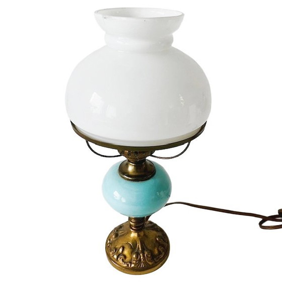 Image 1 of Antike elektrische, umgebaute Öllampe aus Messing und türkisfarbenem Glas, upgecycelt um 1900