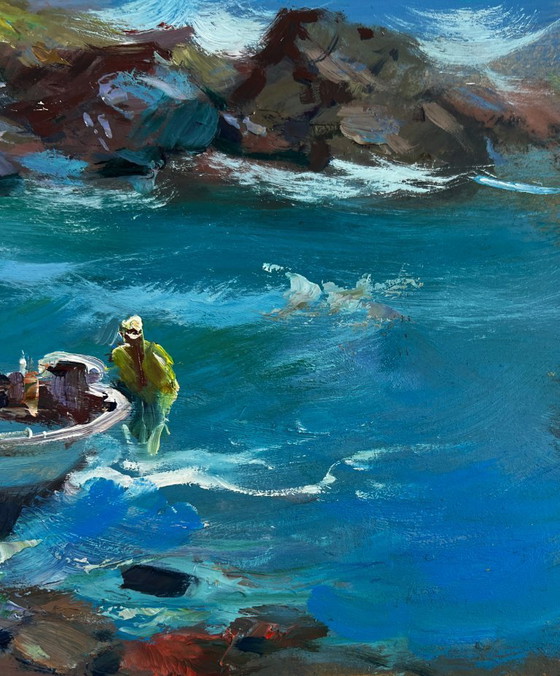 Image 1 of Original Oil Painting Coastal Waves Landscape Seagulls soaring over the endless sea