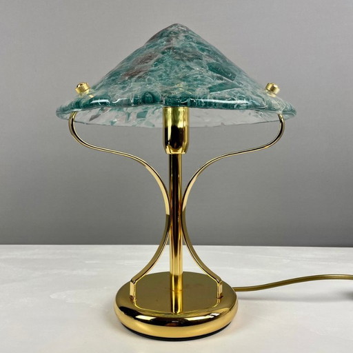 Vintage Murano glass 1980s table lamp with 24K gilded base, artistic lampshade with coloured foils. New Old Stock. Never used.