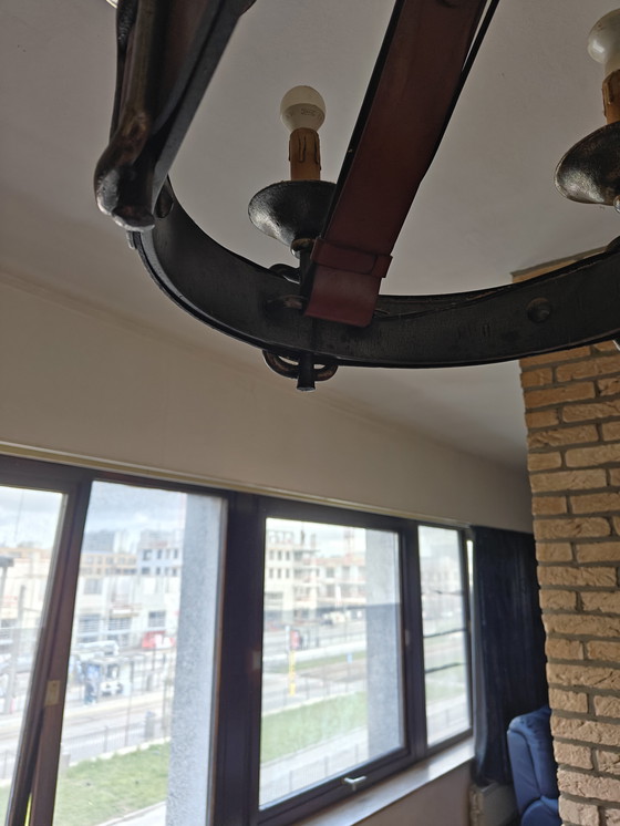 Image 1 of Lampadario francese con rivestimento in pelle, anni '50