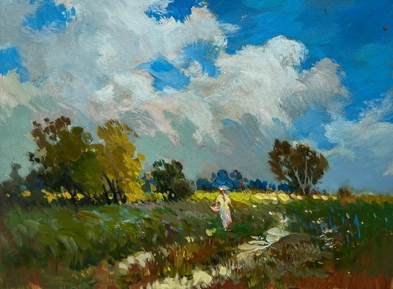 Image 1 of Origineel olieverfschilderij: Zomerlandschap: Een meisje loopt in een veld.
