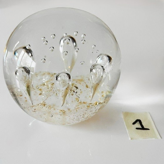 Image 1 of Vintage Glass Crystal Ball Paperweight Clear Crystal Bubbles Gold Dust 1970's
