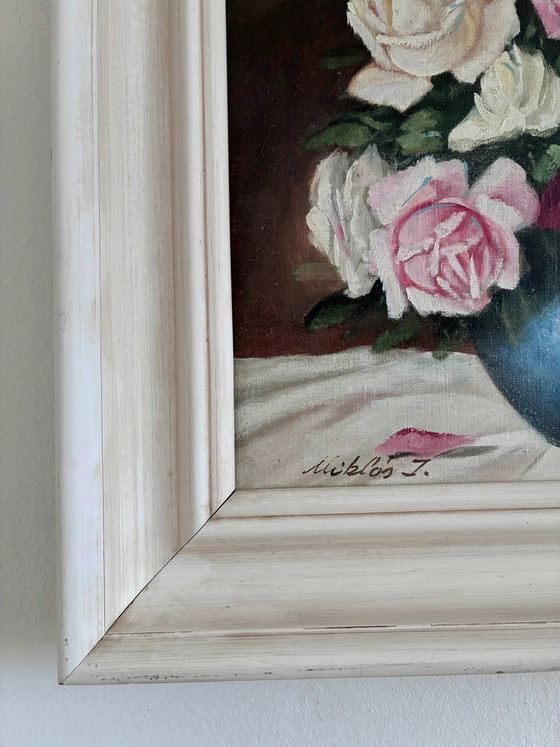 Image 1 of Peinture à l'huile originale vintage représentant des roses, signée.