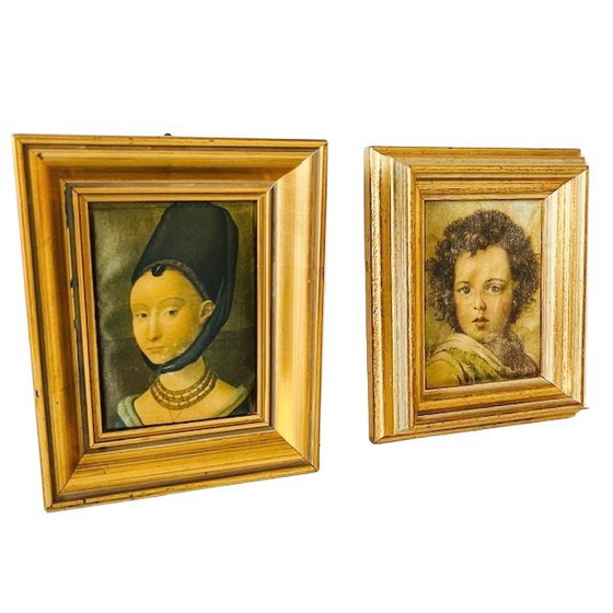 Image 1 of Vintage silk paintings of a woman and child in traditional costumes from the 1960s