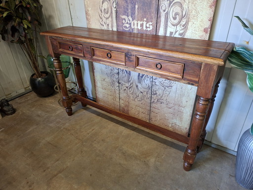Robust teak idetable, hall table, wall console dim, 150x35cm and 93cm high