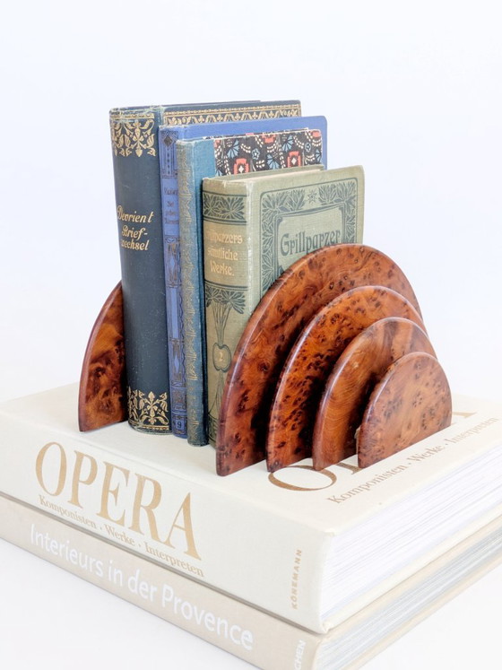 Image 1 of Pair Art Deco Burl Wood Letter Holder Bookends Midcentury Desk Organizer Set